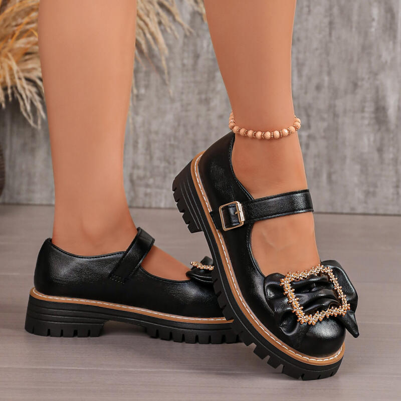 Sweet Bowknot Decoration Thick - Women'S Shoes Loafers Black ulasan dan harga