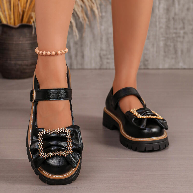 Sweet Bowknot Decoration Thick - Women'S Shoes Loafers Black ulasan dan harga
