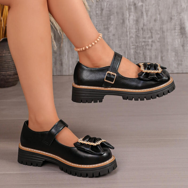 Sweet Bowknot Decoration Thick - Women'S Shoes Loafers Black ulasan dan harga