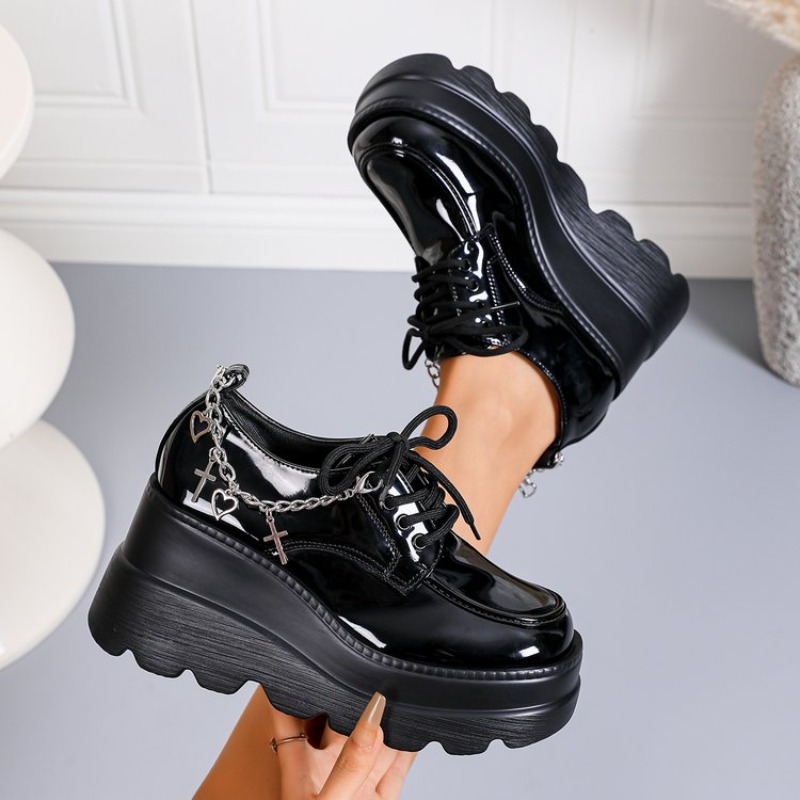 Black Glossy Lace-Up Platform  - Women'S Shoes Loafers Black ulasan dan harga