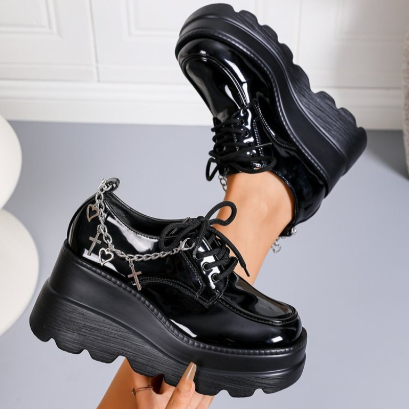Black Glossy Lace-Up Platform  - Women'S Shoes Loafers Black ulasan dan harga
