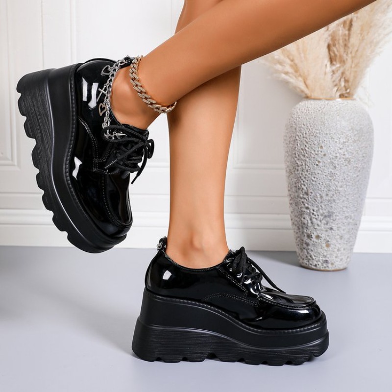 Black Glossy Lace-Up Platform  - Women'S Shoes Loafers Black ulasan dan harga
