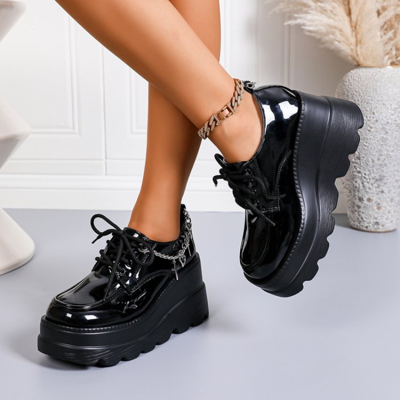 Black Glossy Lace-Up Platform  - Women'S Shoes Loafers Black ulasan dan harga